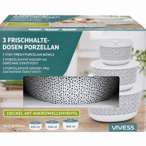 Porcelianinių maisto laikymo indų su dangteliais rinkinys „Vivess“, 3 vnt. – 250 / 500 / 850 ml